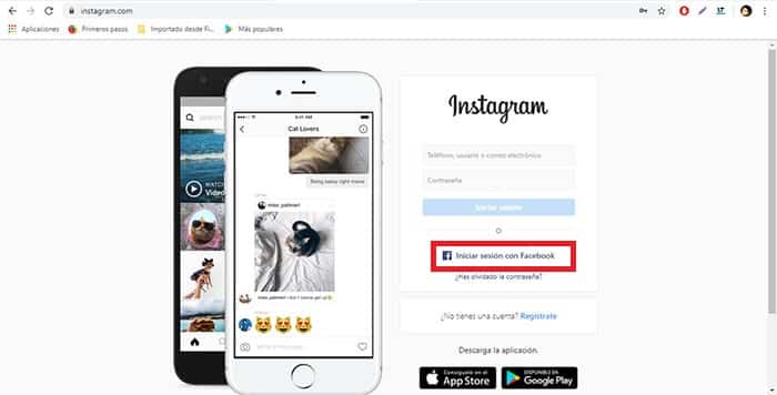 Iniciar sesion en Instagram con Facebook