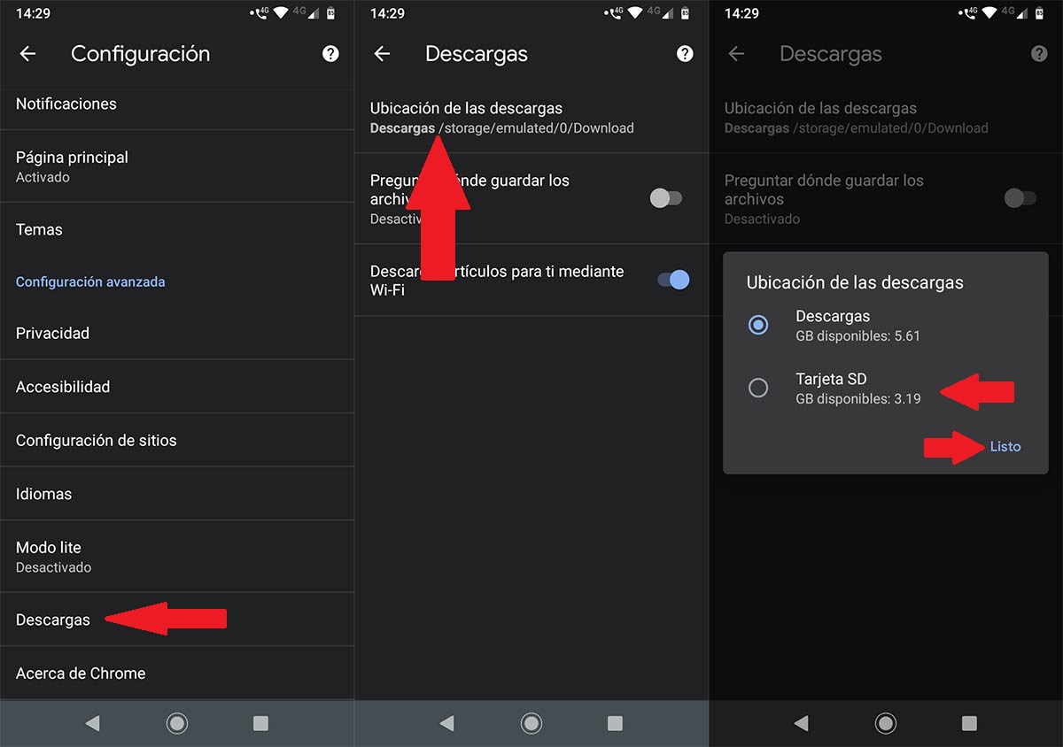 Cambiar ubicación carpeta de descargas chrome Android