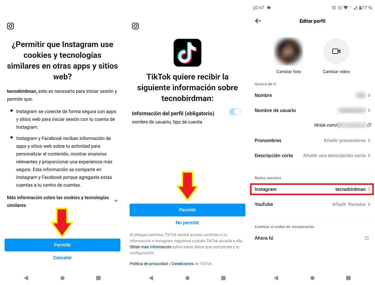 Conectar Instagram en TikTok