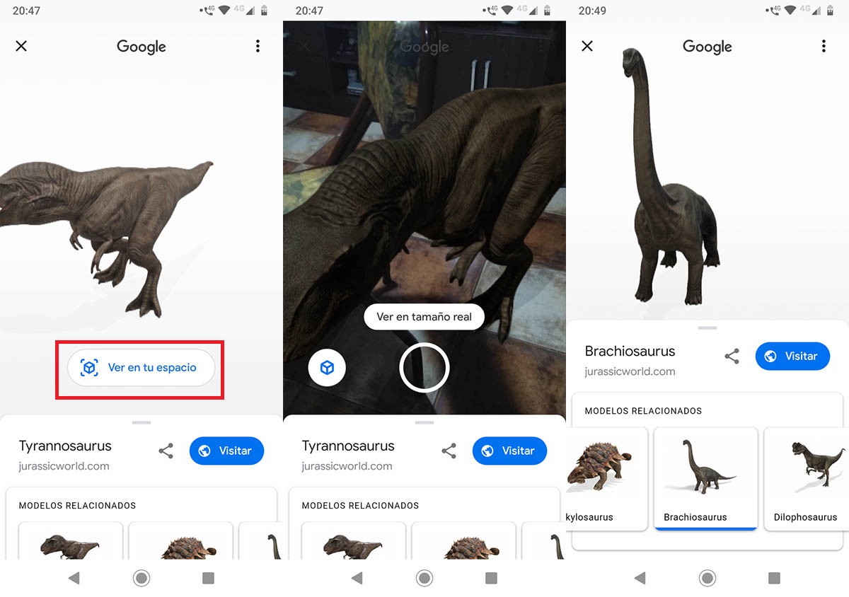 Ver dinosaurios Realidad Aumentada Google