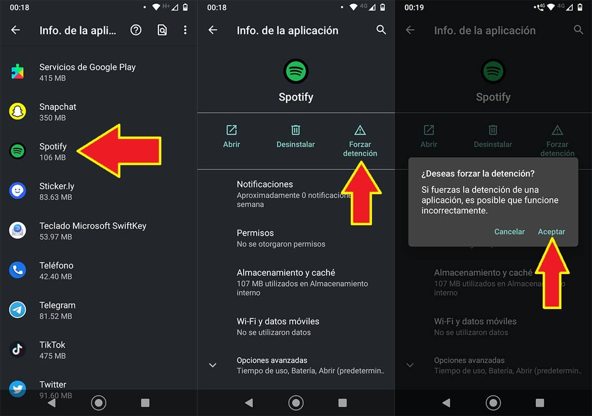 Forzar cierre Spotify Android