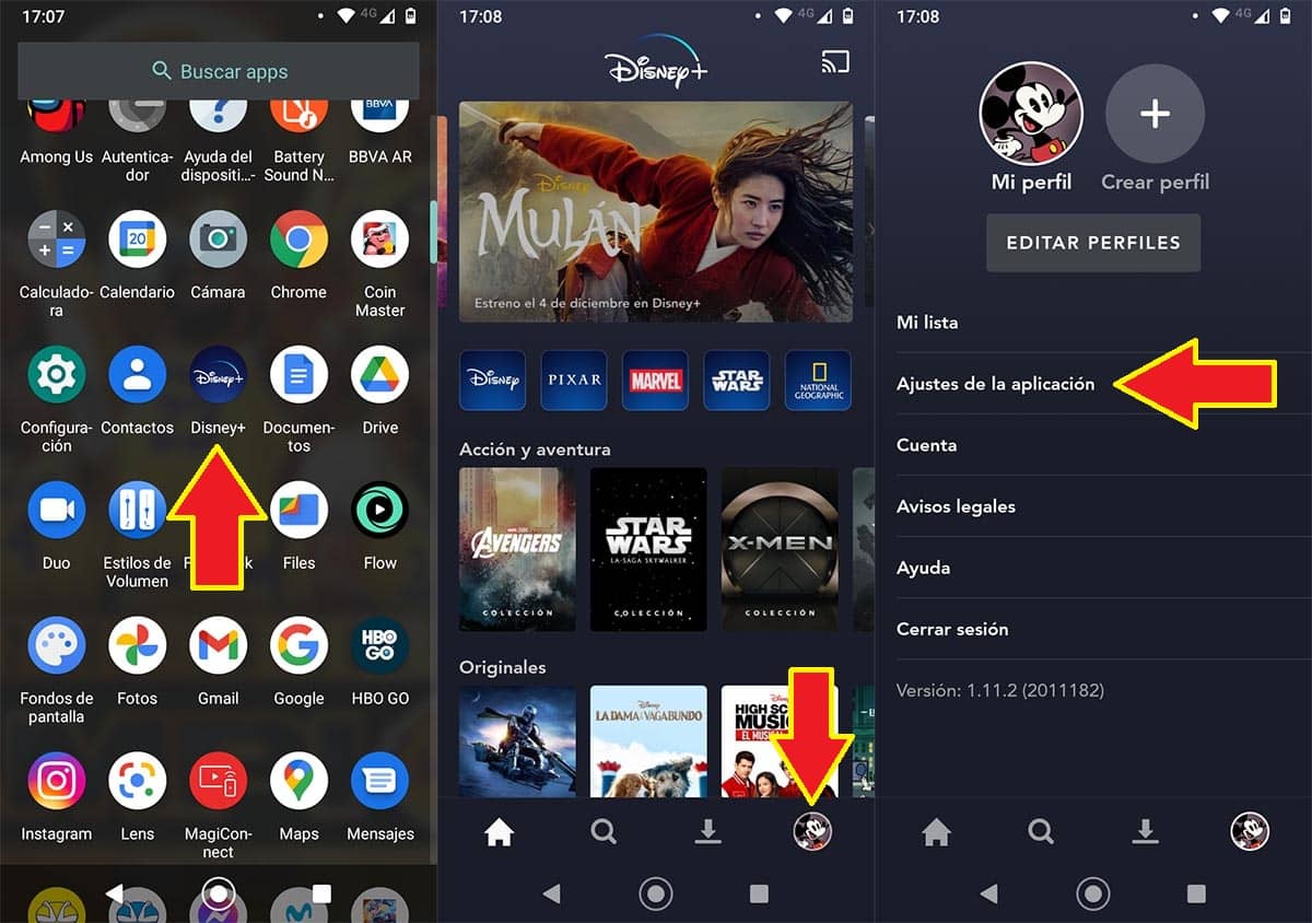 Ajustes aplicación Disney Plus Android
