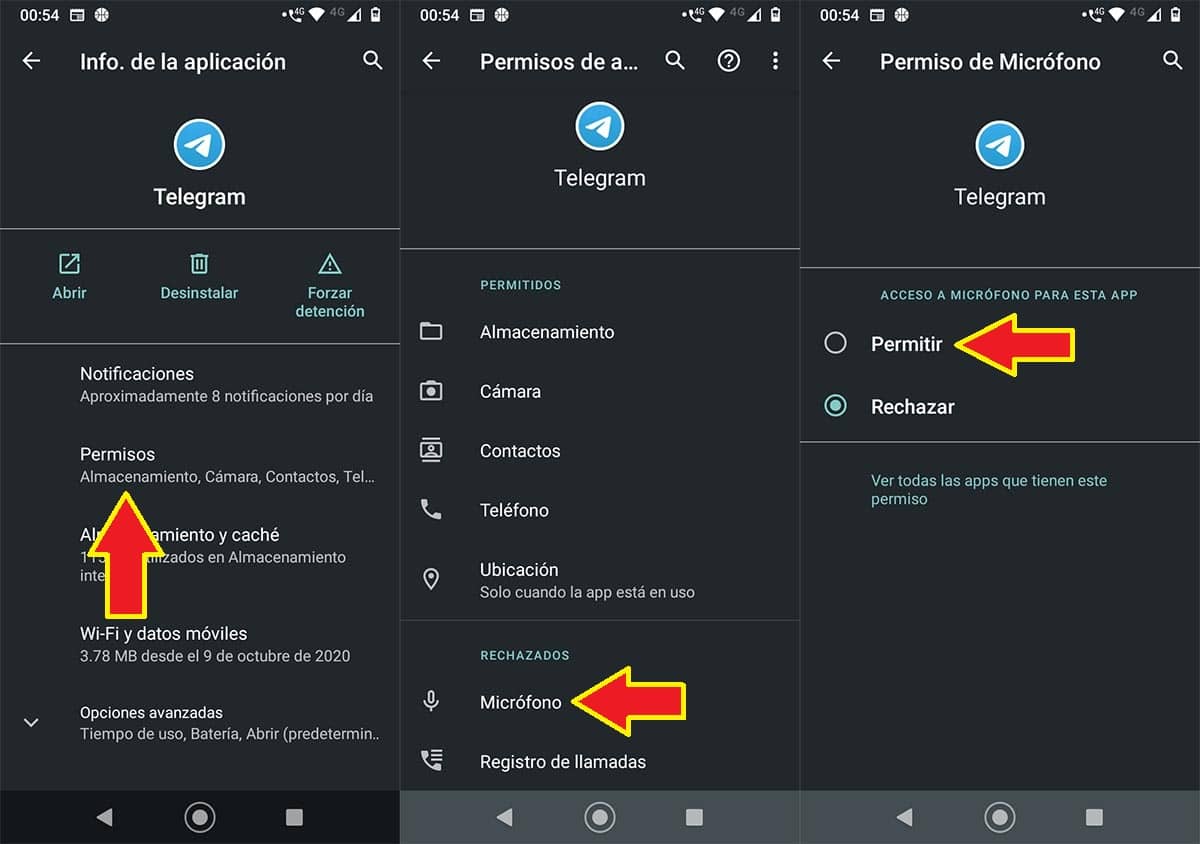 Permitir micrófono Telegram Android