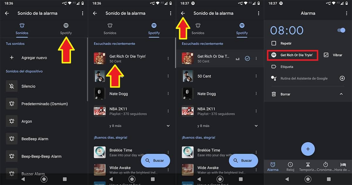 poner canción de Spotify en alarma Android