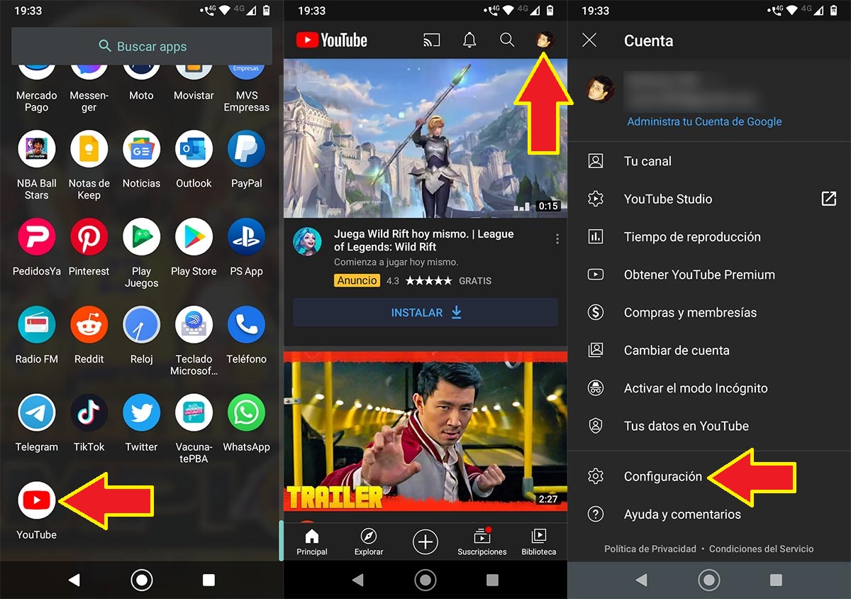 Ajustes YouTube app Android