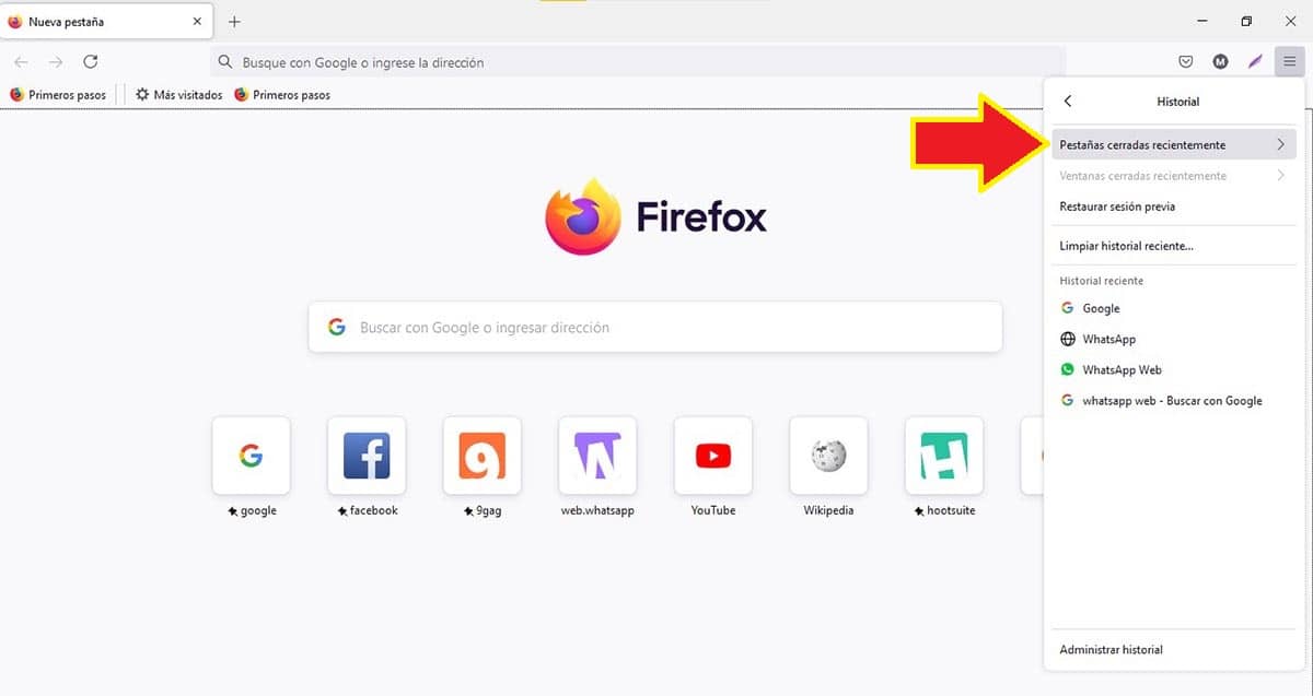 Pestañas cerradas recientemente en Firefox