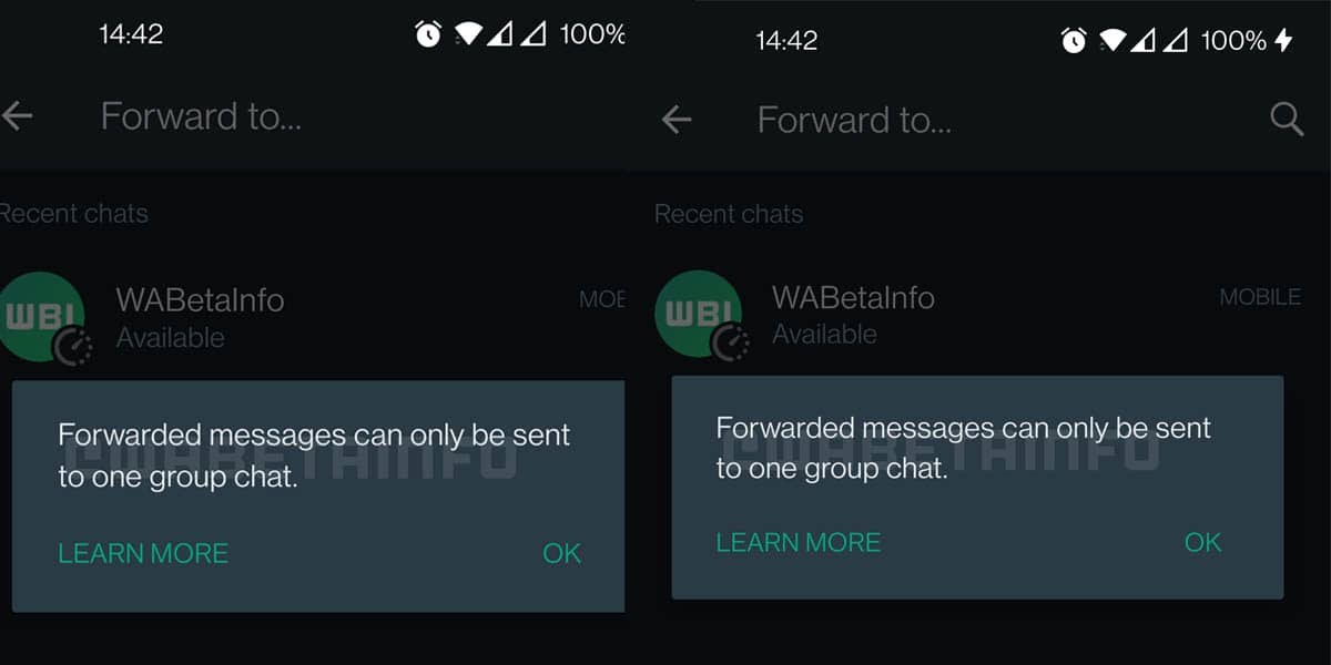 Reenvio de mensajes de WhatsApp limitado