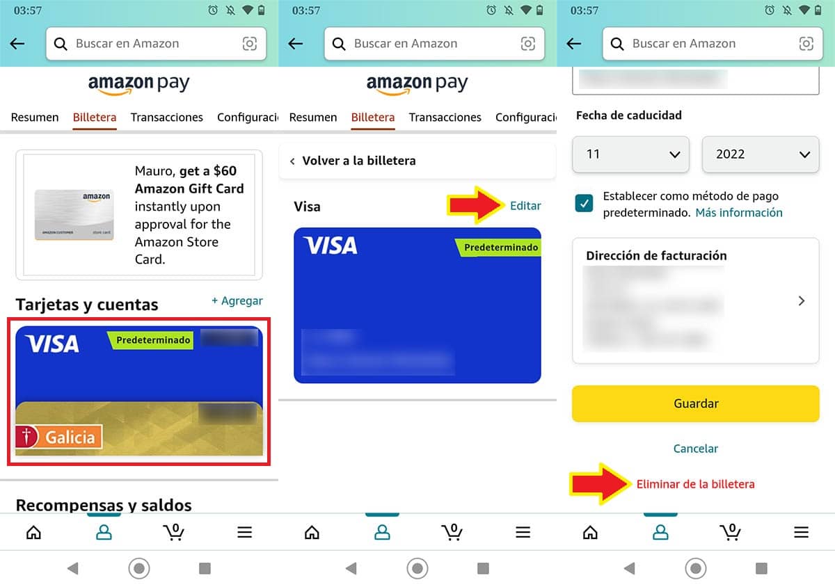Eliminar tarjeta de credito o debito en Amazon app