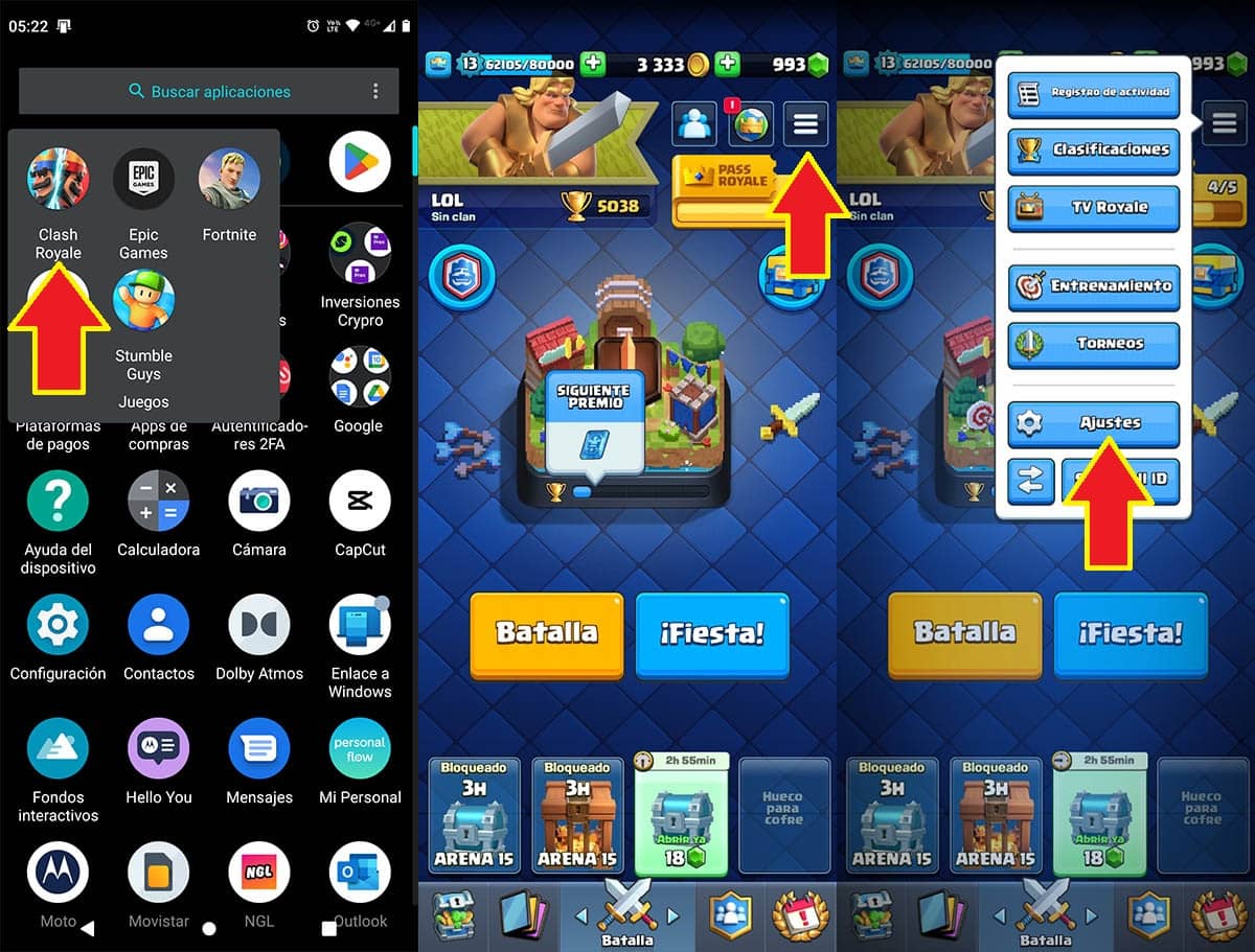 Entrar en los ajustes de Clash Royale Android