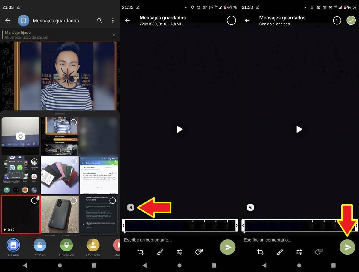 Enviar video sin sonido en Telegram
