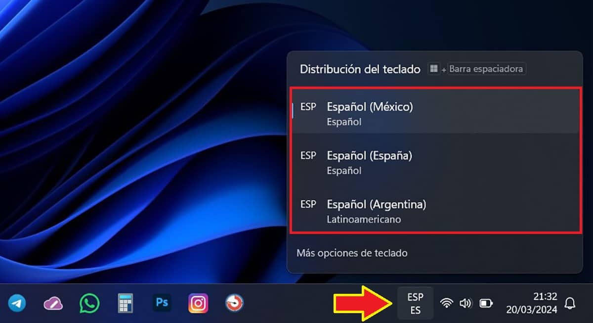 Elegir el idioma del telcado en Windows 11 desde el acceso directo