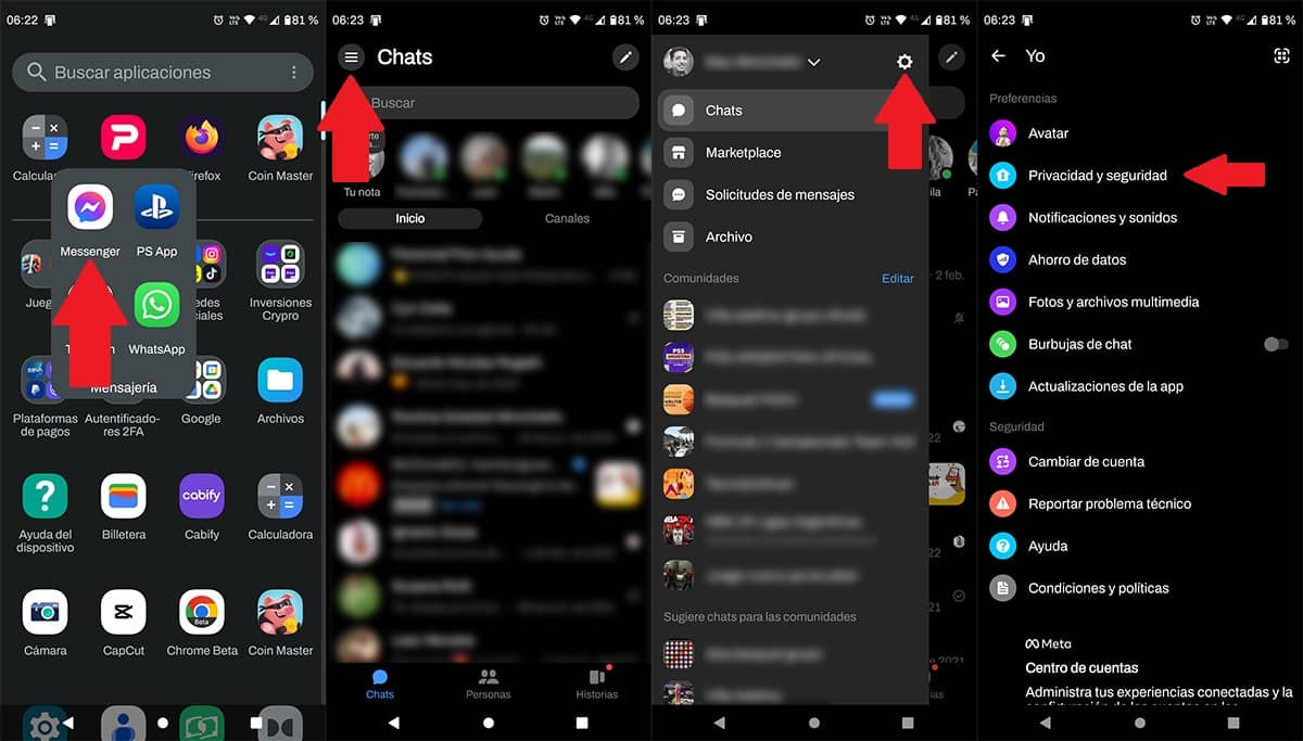 Acceder a los ajustes de Messenger en Android