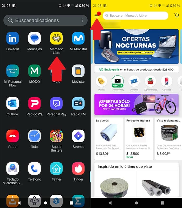 Abrir la aplicación de Mercado Libre