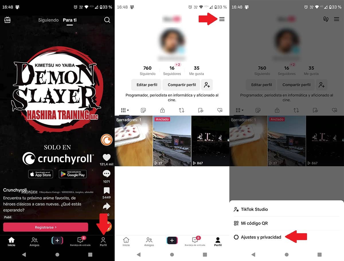 Acceder a las opciones de TikTok en Android