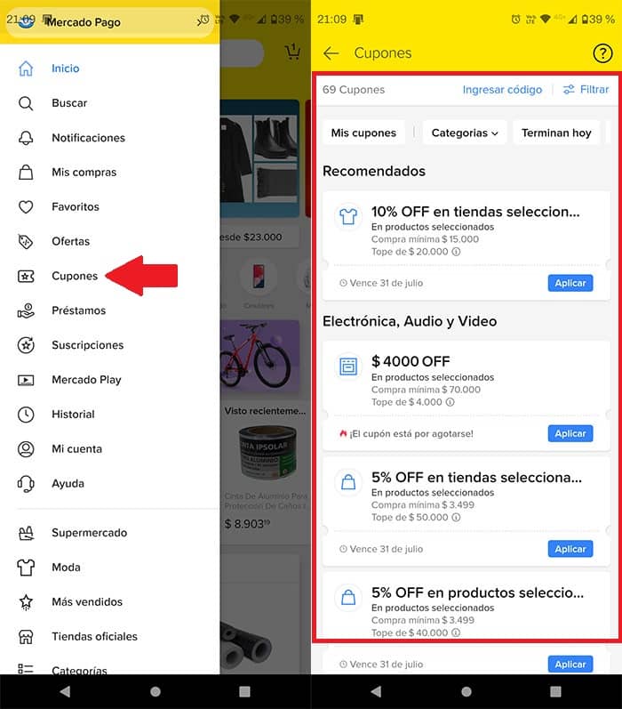 Ver cupones de descuento en Mercado Libre