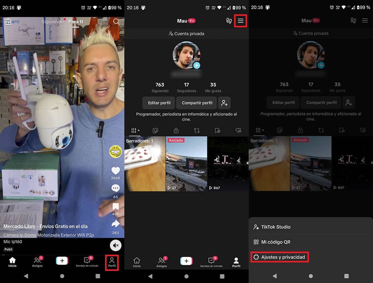 Acceder a las opciones de la cuenta de TikTok