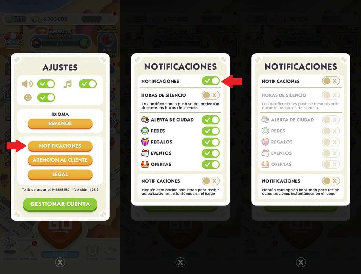 Desactivar notificaciones de Monopoly Go