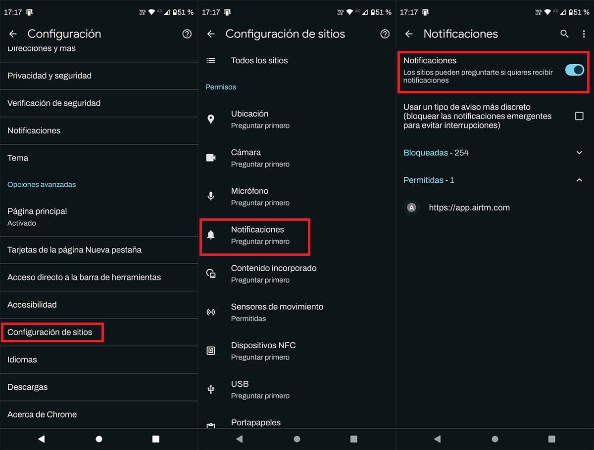 Desactivar notificaciones de paginas webs en Chrome para Android