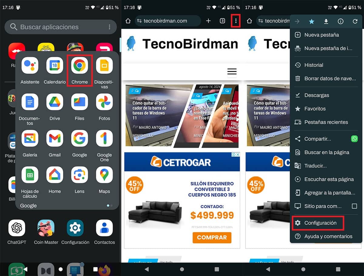 Ir a los ajustes de Chrome en Android