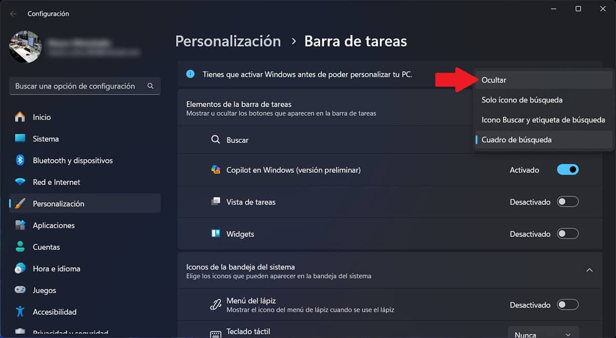 Ocultar el buscador de la barra de tarea