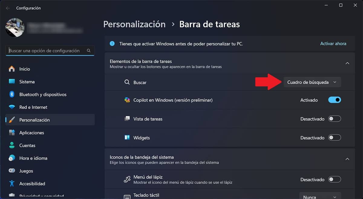 Opciones del buscador de la barra de tareas de Windows 11