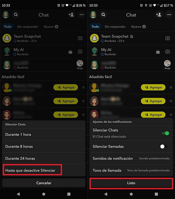 Silenciar chat de Team Snapchat