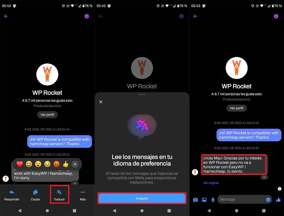 Traducir un mensaje en Facebook Messenger