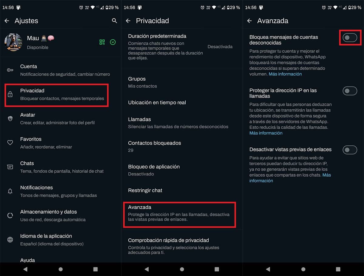 Activar el bloqueo de mensajes de cuentas desconocidas WhatsApp